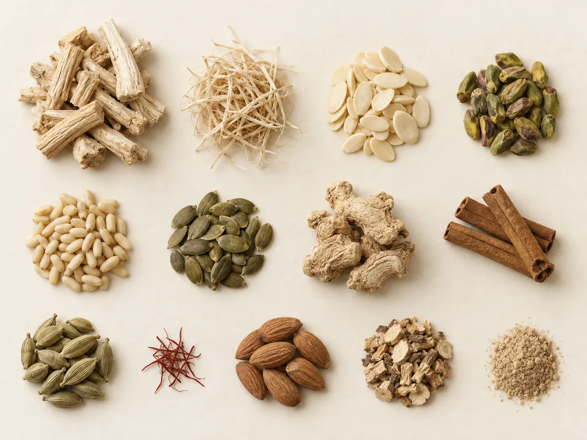The thirteen ingredients of Majoon-e-Zafrani, laid out separately