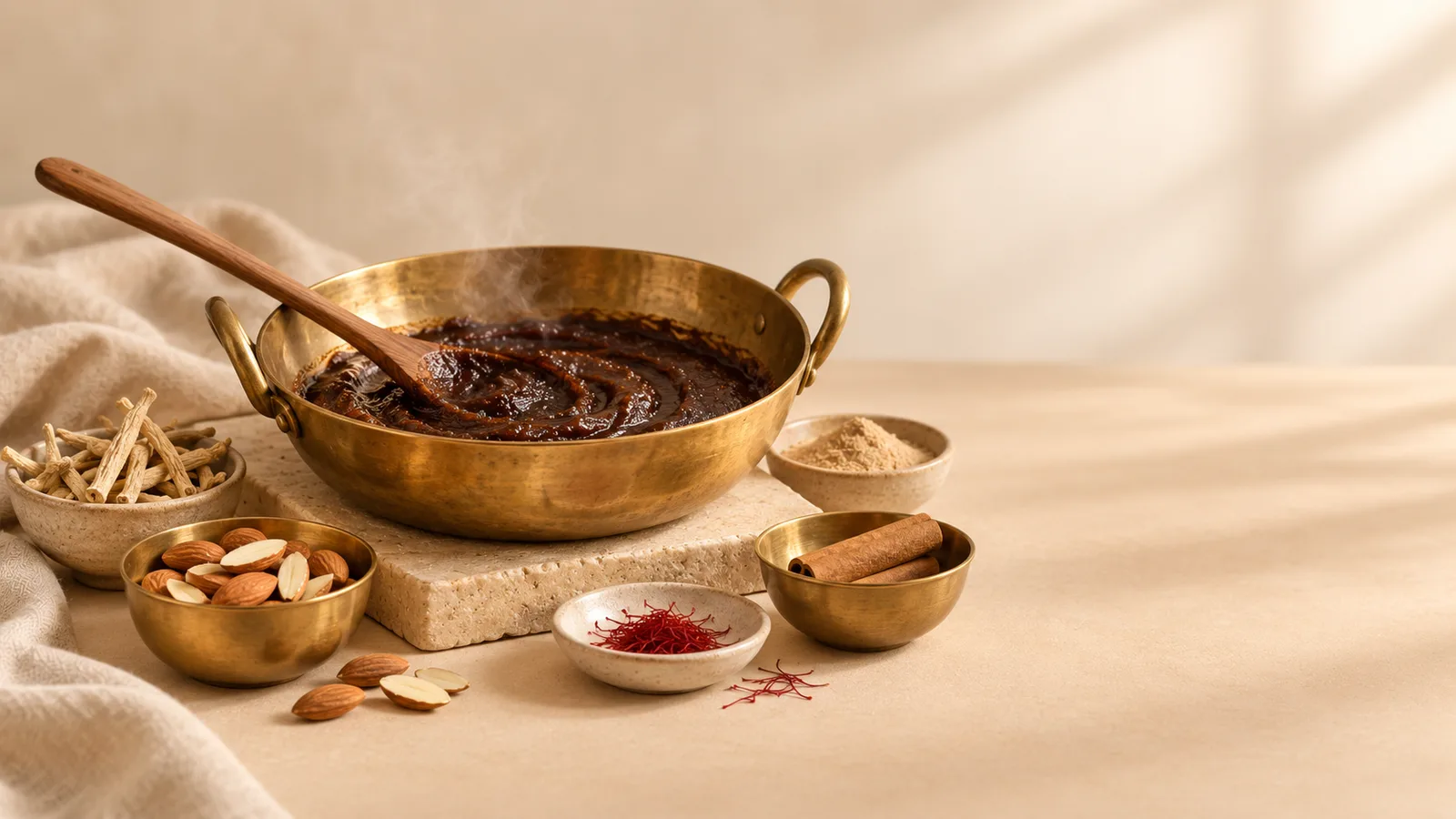 Majoon cooking in a brass pan, with the raw ingredients around it
