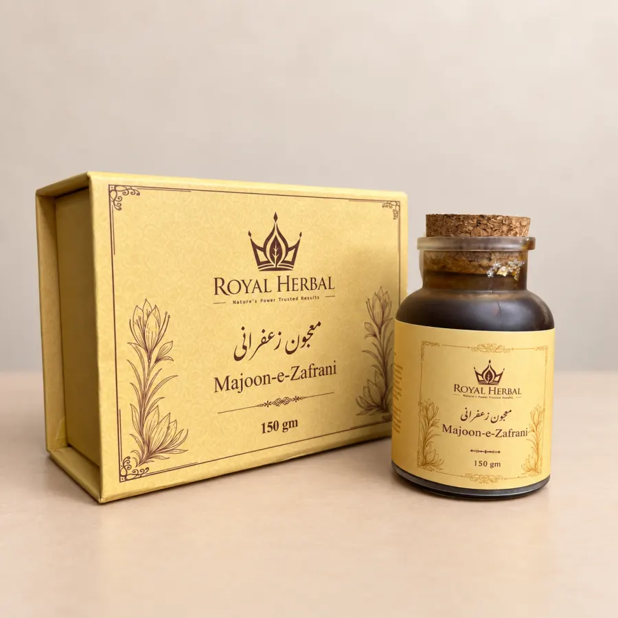 The cork-sealed Majoon-e-Zafrani jar standing beside its gold Royal Herbal presentation box